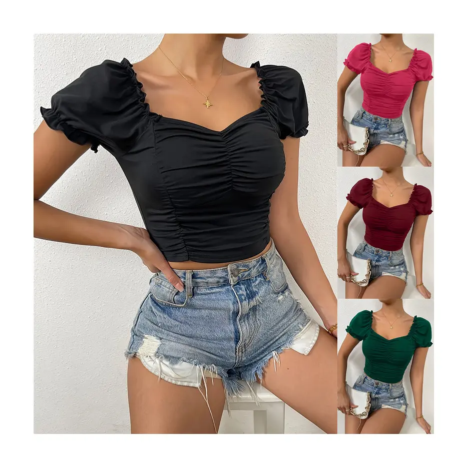 W3833 Women New Summer Fashion Square Collar Slim Short Sleeve Short Shirt Pleated Design Solid Top Puff Sleeves Low Cut Camis