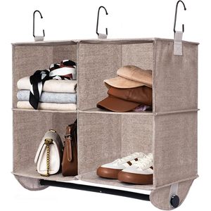 Hanging Closet Organizer 4 Section Fabric <b>Collapsible</b> With Metal Rod For Wardrobe <b>Storage</b> - Product Image 1