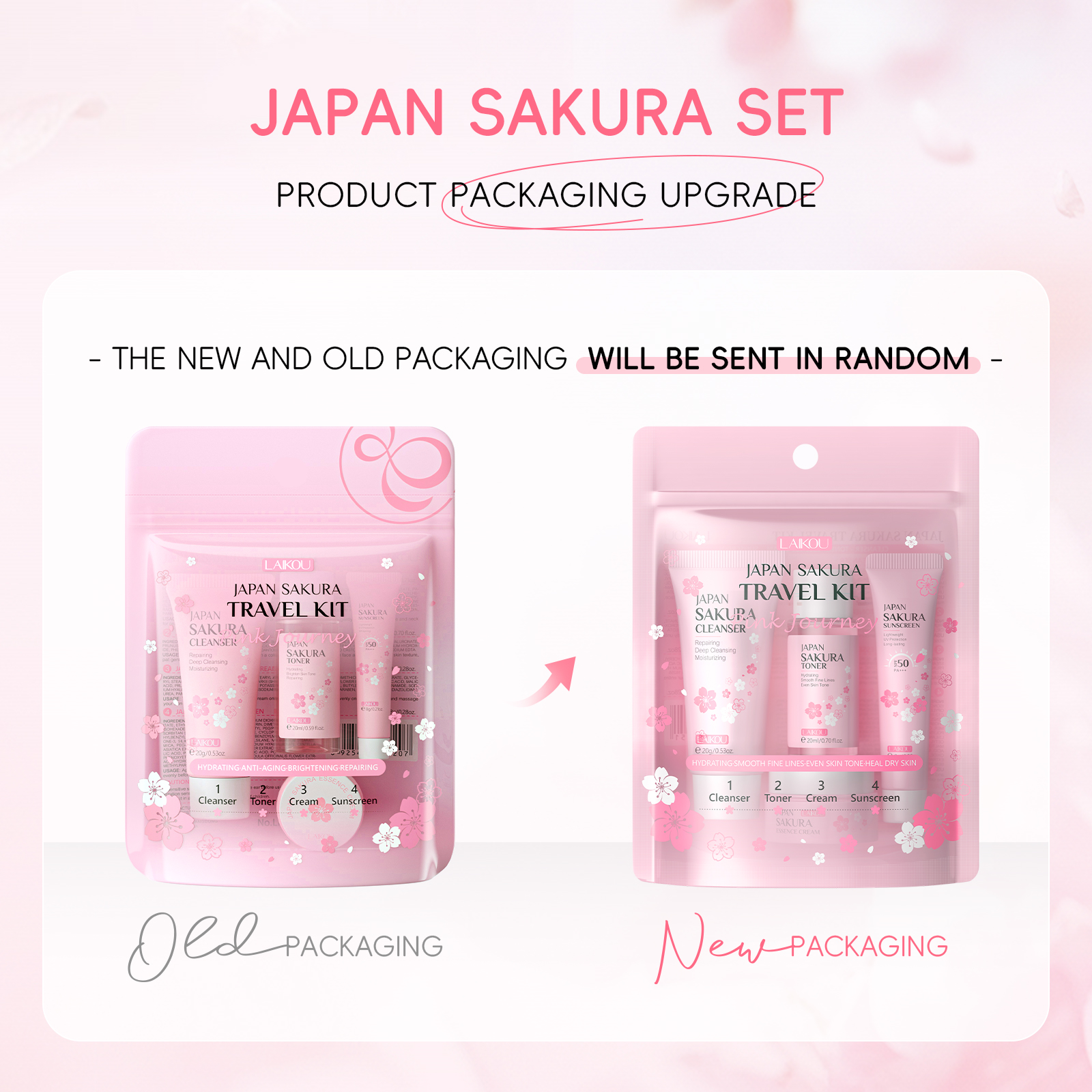 LAIKOU 4PCS桜旅行用コスメセット - フェイスクリーム・クレンザー・トナー