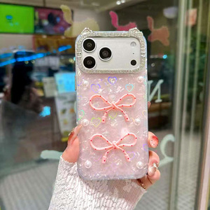 เคสโทรศัพท์มือถือ <span class=keywords><strong>iPhone</strong></span> 11 12 13 14 15 16 17 Pro Max ลายโบว์สไตล์เกาหลี หูแมว ประดับมุก เพชร กลิตเตอร์วิบวับ - Product Image 4