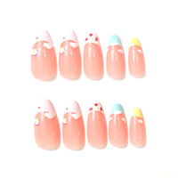 Faux ongles à presser mignons motif nuage de dessin animé, longs, forme amande, couleur macaron, French manucure, à pois, rose nude, doux, pour usage quotidien