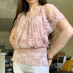 Camiseta Casual de Manga Corta con Encaje Sexy para Chicas Jóvenes, Cuello Redondo, Parches de Encaje Transparente, Cintura Fruncida, Top Elegante y Encantador - Product Image 2