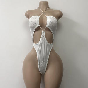 工場卸売 ワンピース ナイロン製 レディース セクシー ストリッパー ボディスーツ ホルターネック ラインストーン付き エキゾチック ダンスウェア - Product Image 3