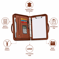 Porte-documents A4 en cuir avec fermeture éclair et poignée, classeur à 4 anneaux, calculatrice, sac à documents professionnel en cuir PU ciré de qualité supérieure, avec logo personnalisé