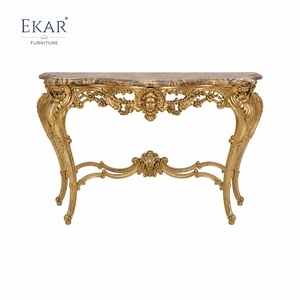 Consolle con Piano in Marmo Dorato Stile Mascarade |   Lussuoso Tavolo d'Ingresso Rococò Dorato con Intaglio Mascaron - EKAR - Product Image 1