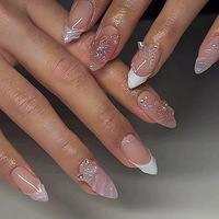 Faux ongles à presser en gel souple, marque privée, courts, forme amande, motif fleur bleue, faits à la main