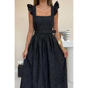 Robe de soirée élégante noire en organza brodé, coupe trapèze, avec décolleté en V, superposition transparente, taille naturelle et dos nu - Product Image 2