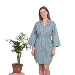 Bata de Algodón con Estampado Floral para Mujer, Corte Holgado, Manga Tres Cuartos, con Cinturón, Uso Casual, Transpirable, Tejido de Tela, para Todas las Estaciones - Product Image 1