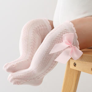 Calcetines hasta la rodilla de estilo español para niñas recién nacidas, <span class=keywords><strong>medias</strong></span> largas caladas <span class=keywords><strong>con</strong></span> volantes de tubo de algodón de punto <span class=keywords><strong>con</strong></span> lazo, calcetines infantiles - Product Image 4