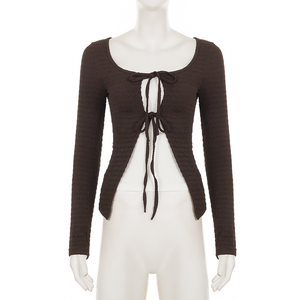 Street vintage <b>square</b> neck tie front faux layered contrast color slim top spicy fashion slim flattering versatile commute <b>T</b> shir - Product Image 6