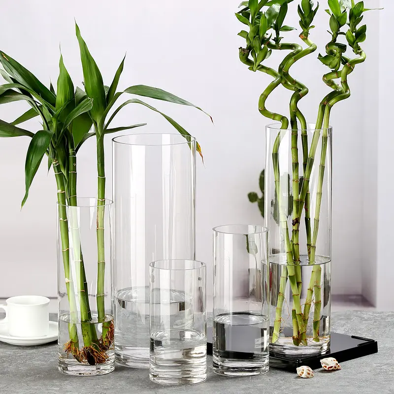 Vaso de vidro cilíndrico de alta qualidade para decoração de casas tradicionais, conjunto de vasos de vidro transparente para casamento, peça central transparente