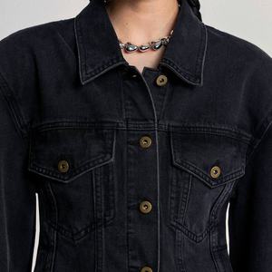 Chaqueta vaquera clásica de moda al por mayor de alta calidad con hombreras y cintura ajustada para mujer - Product Image 3