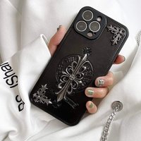 Étui de luxe en cuir noir avec croix métallique pour iPhone 17 16 Pro Max – Coque arrière antichoc et agréable au toucher, design de marque