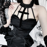 Y2K Goth Cross Lace See Through Flared Sleeve Club Vestidos Vintage Punk Elegante Lace-up Maxi Dress Halloween