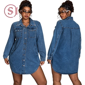 218810 Nuovo Abito in Denim <span class=keywords><strong>Taglie</strong></span> Forti per Donne, Casual, Manica Lunga, Colletto Rovesciato, Vestito in Jeans Stile Camicia per Signore - Product Image 1