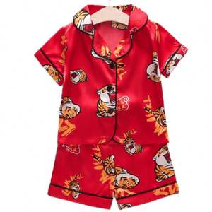 可爱印花冰丝缎儿童睡衣短袖套装男女婴儿睡衣 - Product Image 2