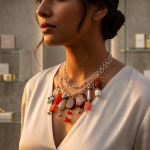 A Women's Bohemia Style 925 Silver Beaded <b>Necklace</b> with Natural Stone Pendant Link Chain Everyday Wear Jewelry From Rajasthan - Product Image 4