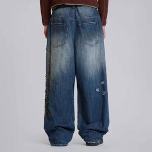 OEMメンズヴィンテージスタイルデザイナージーンズウォッシュブルーアメリカンスタイルカスタムプリントミッドウエストカラーウォッシュ - Product Image 2