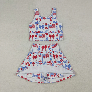 Ensemble de vêtements décontractés d'été pour bébés filles, short imprimé floral avec nœud drapeau américain, tenue de yoga 2 pièces pour le 4 juillet - Product Image 3