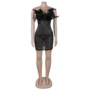 Robe Courte Sexy en Plumes et Strass, Ornée de Perles de Luxe, pour Soirées Anniversaires et Clubs – Vente en Gros - Product Image 4