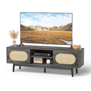 Mueble de TV telescópico simple de ratán y madera maciza y mesa de centro combinada, mueble de TV con almacenamiento para sala de estar, negro, claro - Product Image 1