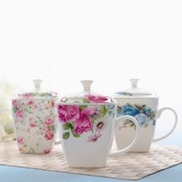 Set Peralatan Makan Bone China, Mug Berpenutup Motif Bunga Putih, Ramah Lingkungan, Kapasitas Besar, Aman untuk Microwave, Cangkir Kopi/Teh Keramik dengan Tutup dan Alas