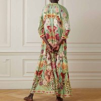 Nouvelle robe maxi pour femmes tendance, ample, à imprimé élégant, style vintage, à lacets, col en V, à volants, bohème, ornée de dentelle, en soie