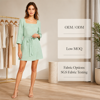Robe courte ample en lin/coton unie avec col carré, manches trois-quarts et lien à nouer pour femme, printemps-été, décontractée