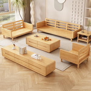 Sofá Nórdico de Madera Maciza en Forma de L con Tapicería Crema, Chaise Longue Esquinera con Almacenamiento, Juego de Muebles para Sala de Estar - Product Image 3