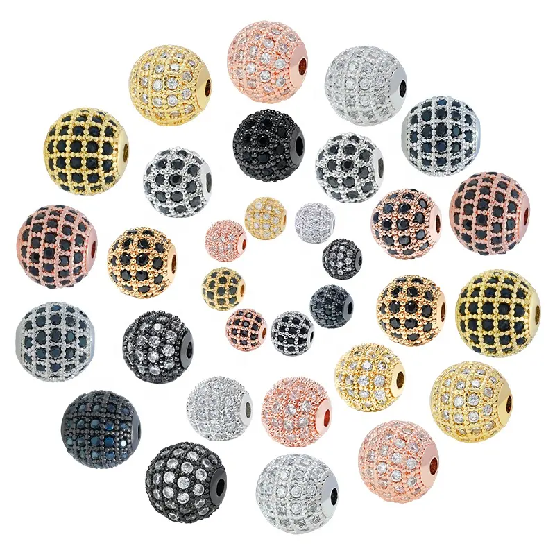 6MM 8MM 10MM Brass Micro Pave Ball Beads Cubic Zirconia 18K Gold Plated Round Spacer Beads For Jewelry Making Diy Bracelet Craft