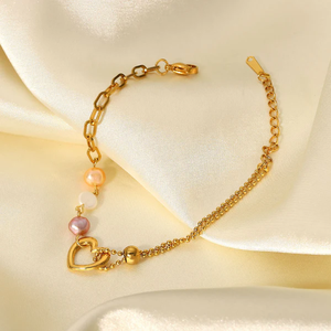 Bracelet cœur romantique en acier inoxydable à pointe dorée Chaînes/bracelets accentués de couleurs géométriques et de perles à la mode - Product Image 3