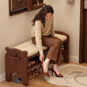 Banco zapatero de entrada de lujo ligero de alta gama, banco largo con estantería para zapatos, de varias capas, para pasillo, de madera maciza, móvil - Product Image 2