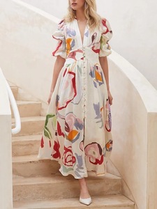 Women V Neck Puff Short Sleeve Maxi <b>Dress</b> All Over Print Front Button Swing <b>Long</b> <b>Beach</b> <b>Dress</b> - Product Image 1