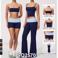 Yoga sets voor dames met custom logo, 2-delig, naadloze zachte bandeau sportbeha, wijde broek met scrunch billeneffect, kleur geblokte, gevoerde yoga outfits