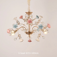 Luminaire suspendu vintage multi-tailles en céramique dorée en forme de rose pour villa, avec fleurs en céramique et cristaux