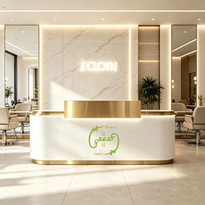Bancone Reception <span class=keywords><strong>Vintage</strong></span> a L in Pelle Trapuntata Arancione Personalizzato per Salone di Bellezza Tradizionale con Armadietto Contenitore - Product Image 6