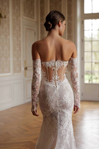 Vestido <span class=keywords><strong>de</strong></span> <span class=keywords><strong>Novia</strong></span> <span class=keywords><strong>de</strong></span> Encaje Francés Vintage Ruolai WTH361, Estilo <span class=keywords><strong>Sirena</strong></span>, Hombros Descubiertos, Sin Tirantes, con Cola Desmontable - Product Image 6