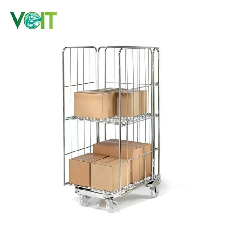 Gudang kawat baja Mesh Parcel Transport Cage Trolley dengan rak