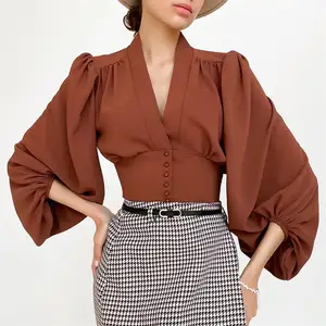 High Quality Wholesale Women clothing formal long lantern sleeve v neck Satin women sexy tops and blouses