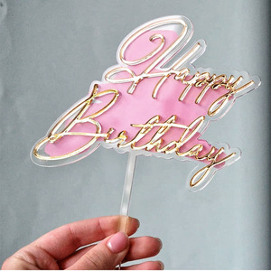 ท็อปเปอร์เค้กอะคริลิค รูปน้ำผึ้งและน้ำหวาน สุขสันต์วันเกิด ตกแต่งเค้กสองชั้น สีชมพูทอง - Product Image 1