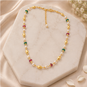 Gold Beaded <b>Necklace</b> with Pearl <b>Ruby</b> Emerald Accents Traditional Indian Lightweight Daily Wear Jewelry - Product Image 4