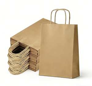 Sacs en papier kraft recyclables marron et blanc avec poignées, design simple, pour boutiques et promotions - Product Image 6