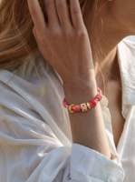 Bracelet tressé rose tendance EDGE avec breloque cœur plaqué or et perles en strass rouges, bijoux fantaisie pour femme