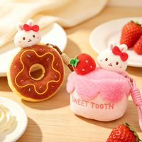 Porte-clés en peluche mignon en forme de lapin avec nœud, pendentif doux et moelleux en forme de beignet, gâteau, thé au lait, sucette, pâtisserie, broderie et texte 'Sweet Tooth'