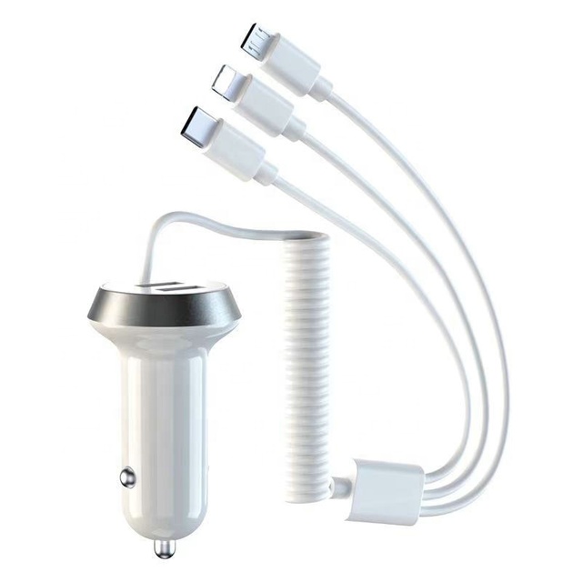 Hot Sell 2 Port QC3.0 18W Fast Car Chargers 3.4A Dual Usb Fast Car Charger With 3 in 1 Spring Charging USB Cable for Cell Phone