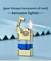 Briquet à kérosène transparent vintage avec allumage mécanique, rechargeable, en métal, avec fenêtre de niveau de carburant, pour usage quotidien
