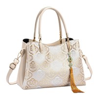 Sac à main vintage imperméable en jacquard pour femme, avec fermeture éclair, deux sangles, breloque à pompon, grande capacité, sac fourre-tout de travail à porter à l'épaule