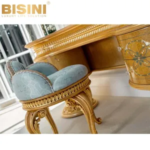 Luxe Style Français Palais Royal Villa Chambre Placage Marqueterie Coiffeuse Ensemble Fabriqué À La Main <span class=keywords><strong>Bleu</strong></span> Tissu <span class=keywords><strong>Commode</strong></span> Chaise Tabouret - Product Image 1