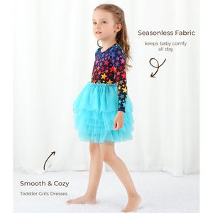 Robe tutu à manches longues pour petites filles, avec imprimé étoiles et jupe en tulle superposée, pour les fêtes ou les tenues décontractées, silhouette en forme de A - Product Image 6