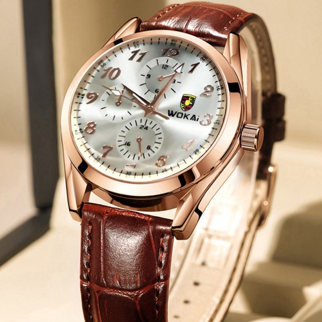 Wokai Business-Style Vintage Quartz Sports Watch for Men Featuring Alloy Case Pearl Movement Pointer Dial Acrylic Strap 33mm